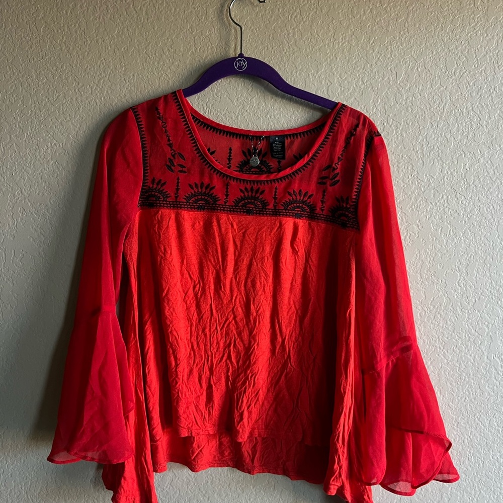 Women’s BKE Red Embroidered Bell Sleeve Top